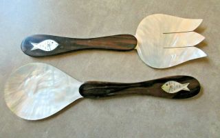 Vintage Mother Of Pearl Serving Set With Inlaid Abalone Fish Teak Wood Handles