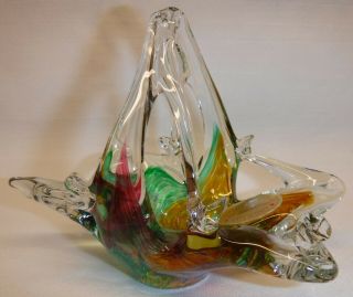 Vtg Murano Italy Crystal Clear Colorful Art Glassware Basket Bowl Dish W/ Label