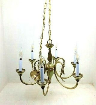 Mid - Century 6 Arm Brass And Slag Glass Chandelier