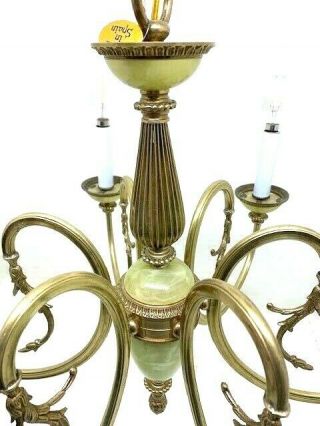 Mid - Century 6 Arm Brass and Slag Glass Chandelier 2