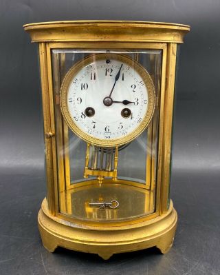 Antique Tiffany & Co French Brass Oval Crystal Regulator Mantle Clock W/pendulum