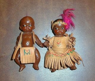 2 Small Vintage Jointed Bisque Baby Dolls Japan Leather Native American Clothes