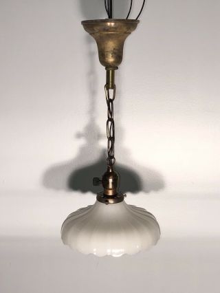 Antique Brass Pendant Light Fixture Wired Milk White Scalloped Shade 58f