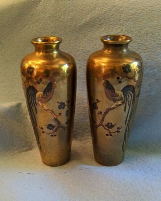 Antique Meiji Japanese Bronze Vases Inlaid Mixed Metal Nogawa Rooster Signed