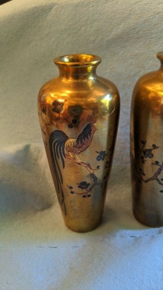 Antique Meiji Japanese Bronze Vases Inlaid Mixed Metal Nogawa Rooster signed 2