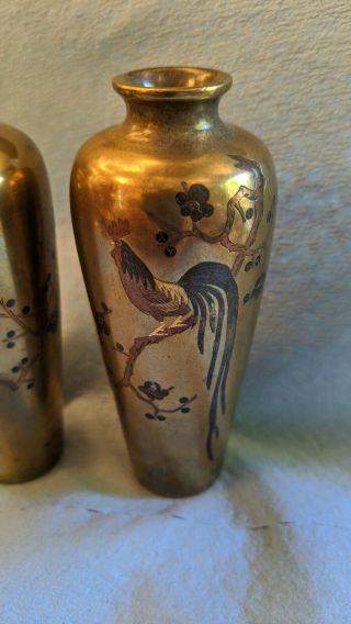 Antique Meiji Japanese Bronze Vases Inlaid Mixed Metal Nogawa Rooster signed 3