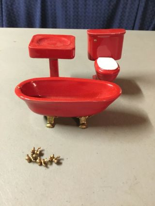 Handcrafted Red Porcelain Bathroom Dollhouse Set,  Claw Foot Tub Toilet Ped.  Sink