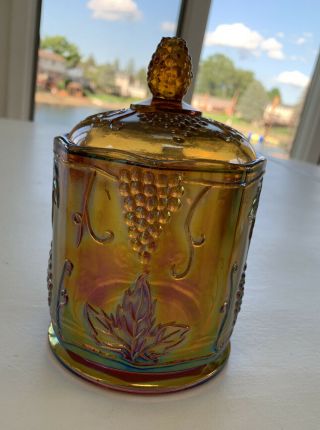 Vintage Grape Harvest Carnival Glass Iridescent Amber Canister Candy Cookie Jar