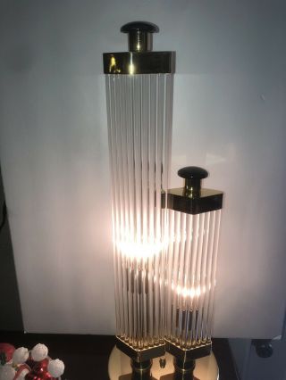 Rare Rod Glass Mid Century Modern And Brass Table Lamps - Pair 25”x8 1/2