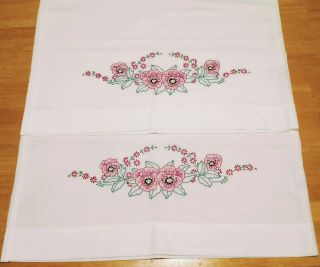 Vintage Pink Green Floral Embroidered White Cotton Blend Standard Pillowcases