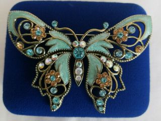 Avon Large Signed Green Blue Pink Enamel Rhinestone Butterfly Pin Brooch Vtg