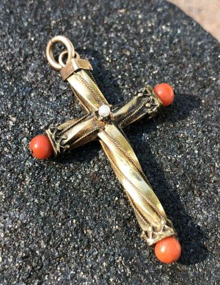 Antique 1850 Victorian Georgian 14k Yellow Gold Seed Pearl & Coral Cross Pendant