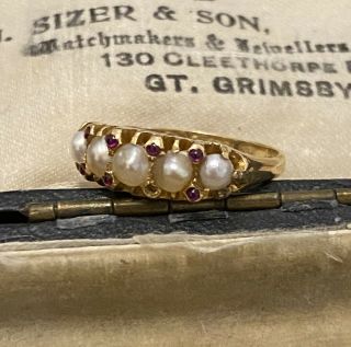 Gorgeous Victorian Antique Pearl Ruby Stone 18ct Gold Ring Size K