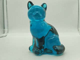 Gorgeous Vintage Blue Aqua Glass Fenton Cat Figurine Handmade Usa Cobalt 3.  5 "