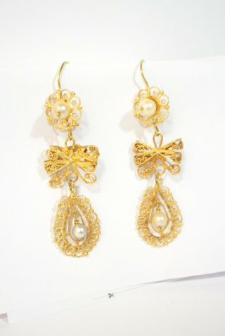 Antique Spanish Colonial 10k Gold Filigree Pearl Chandelier Earrings