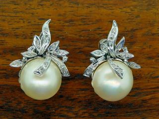 Vintage Palladium Art Deco Antique Mabe Pearl Diamond Filigree Earrings E