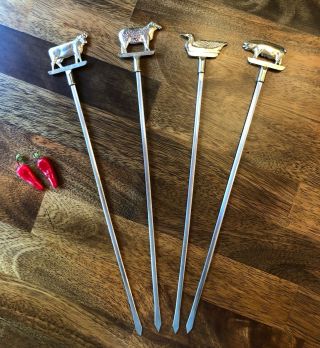 Set Of 4 Vintage Stainless Steel Skewers For Kabobs With Brass Tip Farm Animals