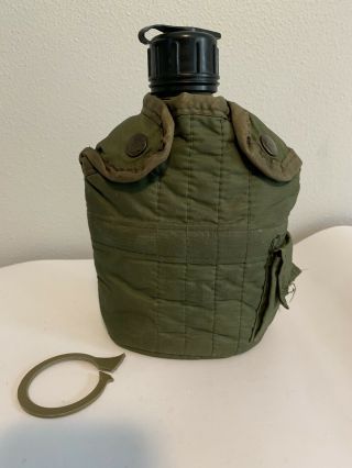 Vintage 1986 Military Water Canteen With Canvas Cover & Utility Clips