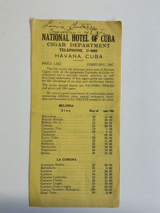 Vintage Cigar Price List From Havana Cuba