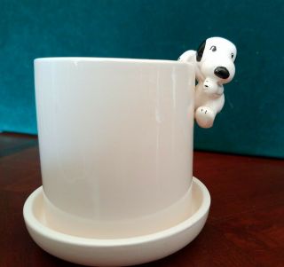 Vintage Peanuts Snoopy White Ceramic Planter Pot With Saucer 1970 