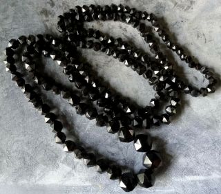 Antique Victorian Whitby Jet Carved Bead 48 " Long Flapper Necklace - K162