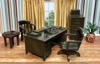 Marx Office Desk,  File Cabinet Vintage Tin Dollhouse Furniture Hard Plastic 1:24