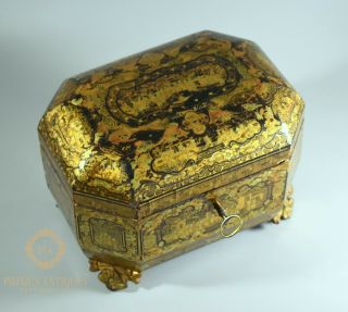 Antique Chinese Export Gilt Painted Lacquer Tea Caddy