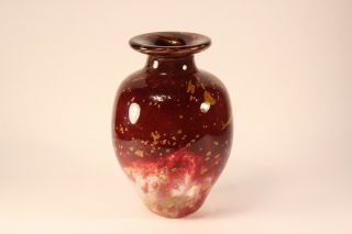 Vtg 1984 Bruce Freund Hand Blown Art Glass Red & Gold Swirl Dust 7 " Vase Signed