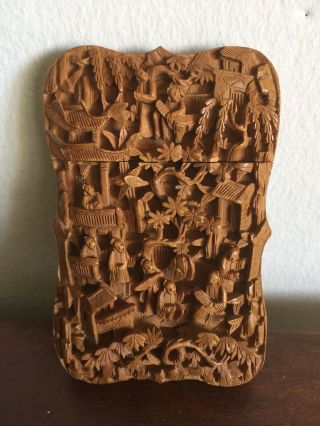 Chinese Carved Sandalwood Card Case.  Canton C.  1850.