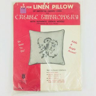 Vintage Crewel Embroidery Kit Linen Pillow Bird Flowers 12x12
