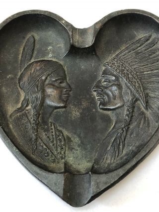 Vintage Bronze Heart Shaped Ashtray With Indian Chief & Bride Western Americana