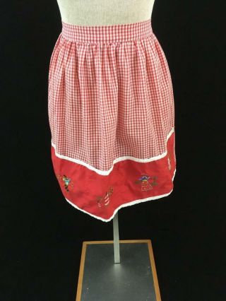 Vintage Half Apron Red White Checkered Embroidered Island People 16 X 19 Inches