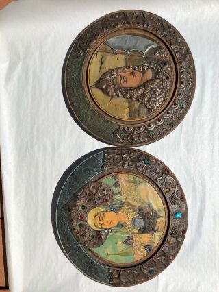 Set Of 2 Antique/vintage Tooled Metal & Cabochon Wall Hangings (russian)
