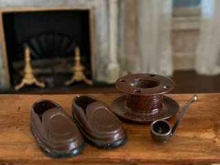 Vintage Miniature Dollhouse Artisan Signed Wood Pipe Holder,  Mens Slippers,  Pipe