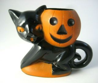 Vtg Rosbro Halloween Hard Plastic Black Cat With Jack O 
