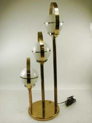 Mcm Mid - Century Modern 3 Globe Table Lamp Gold Bands Brass Posts Multi Tier