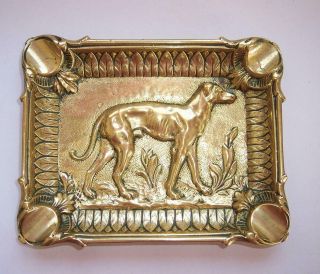 Vintage Antique French Heavy Brass Ashtray Trinket Dish Greyhound Dog Scene