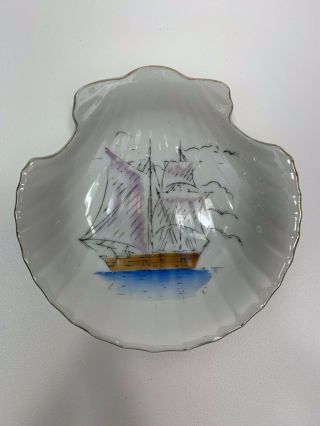 Sail Boat Shell Trinket Candy Soap Dish Made In Japan Silver Trimmed Vintage