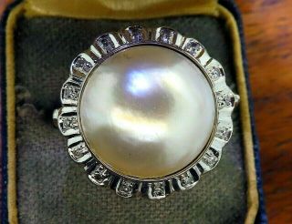 Vintage Palladium Art Deco Antique Mabe Pearl Diamond Filigree Cocktail Ring