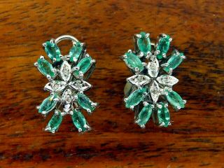 Vintage Palladium Art Deco Antique Marquise Colombian Emerald Diamond Earrings