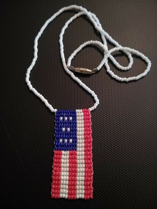 Vintage Usa Patriotic Flag Red White Blue Seed Bead Beaded Necklace