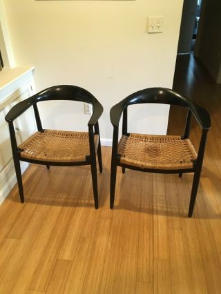Hans Wegner Mid - Century Black & Rattan Chair Probably Teak 2 Chairs As Pair