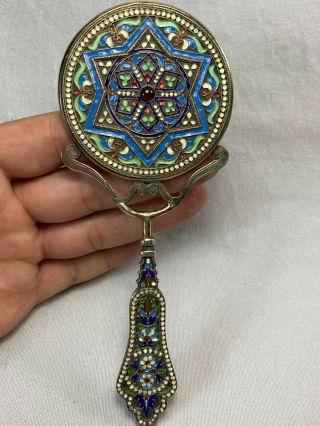 19th Century Russian 84 Silver & Multi Color Enamel Hand Mirror Inlaid Cabochon