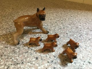Vintage Ceramic Miniature Set Of 6 Family Boxer Dog Figurines Glossy