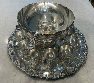 Vintage International Silver Punch Bowl Set W/ Ladle,  12 Cups And Round Tray