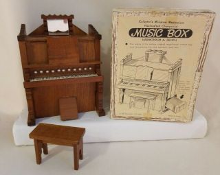 Vintage Wooden Cherrywood Piano W/bench Music Box Made In Japan W/box Dollhouse
