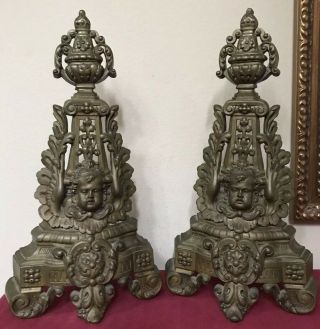 Antique 18th C Wrought Iron Cherub Baby Face Pair Fireplace Set