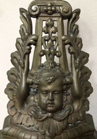 Antique 18th C Wrought Iron Cherub Baby Face Pair Fireplace Set 2