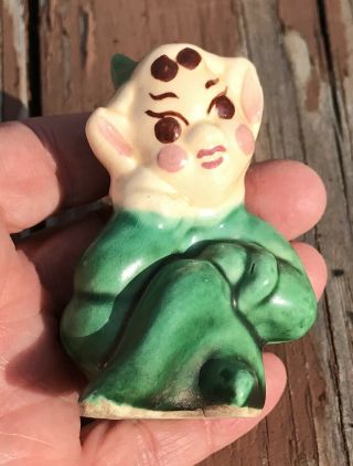 Vintage Sitting Pixie Elf Figurine Green Sprite Ceramic Pottery Hand Painted