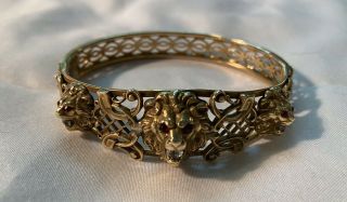 Rare Antique Victorian Gold Filled Three Lion Face Hinged Bangle Bracelet